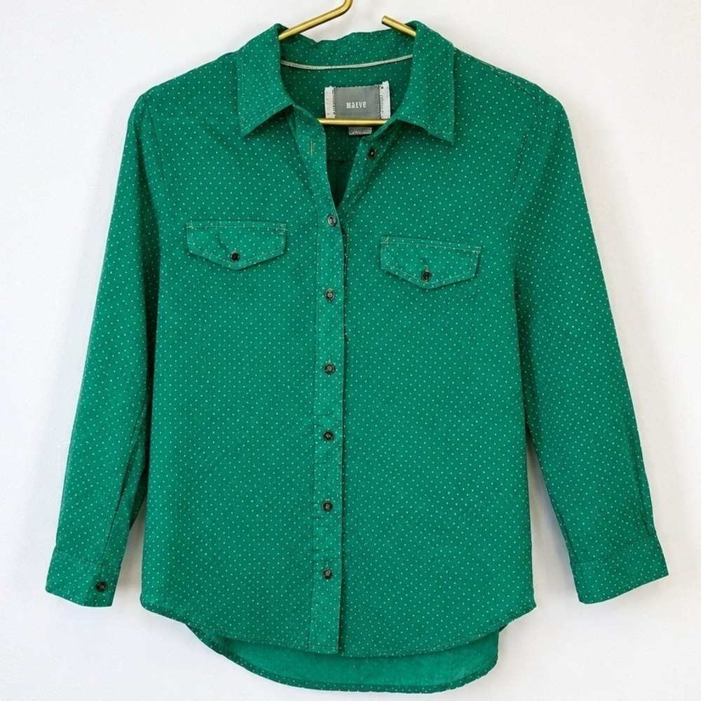 Anthropologie Maeve Green Polka Dot Button Down Shirt 3/4 Sleeve Retro Twee